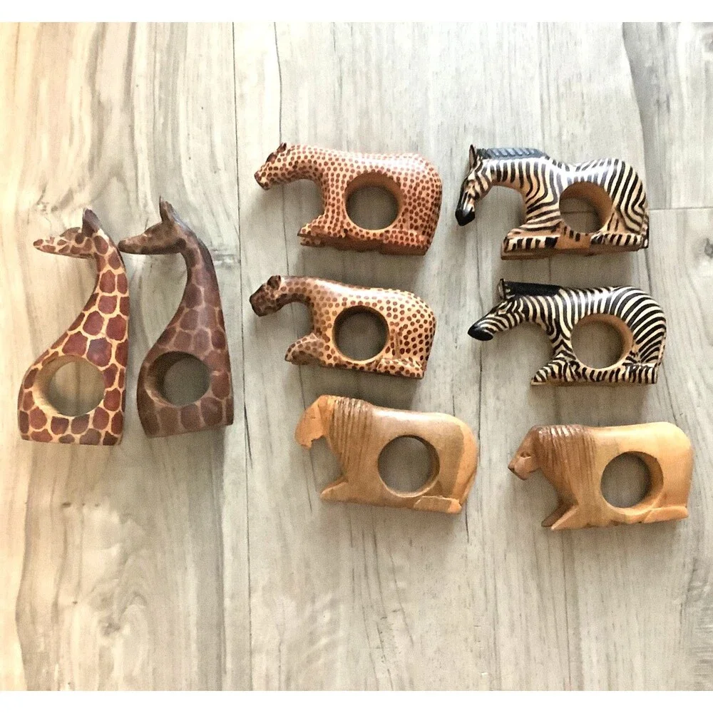 Vintage Napkin Rings Wood Hand Carved African Safari Animals Boho Decor Set of 8